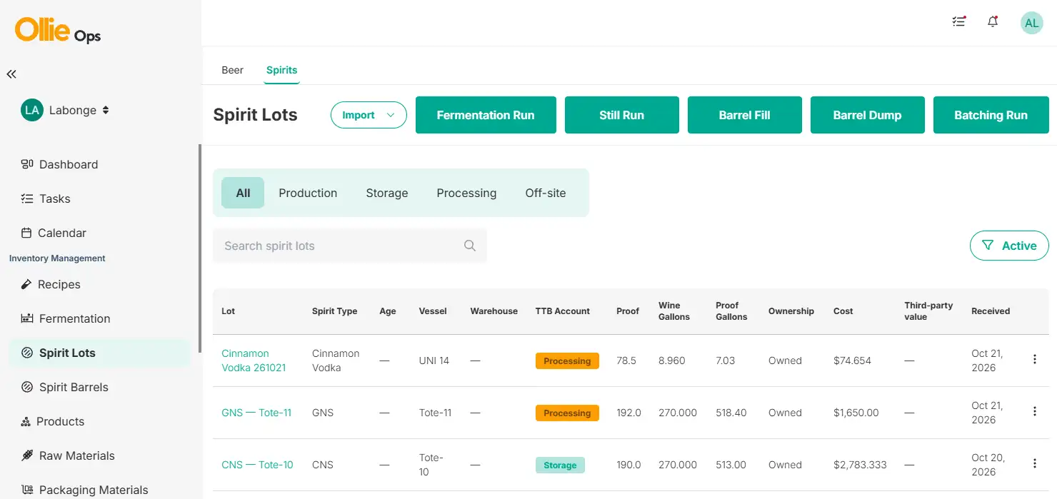 Ollie spirits dashboard, barrel management