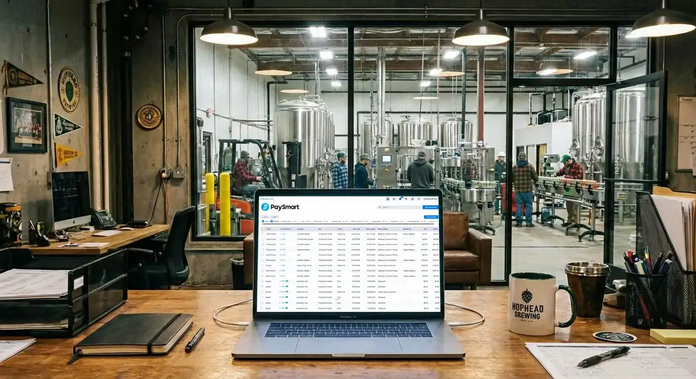Laptop in back office of craft brewery with PaySmart on the screen