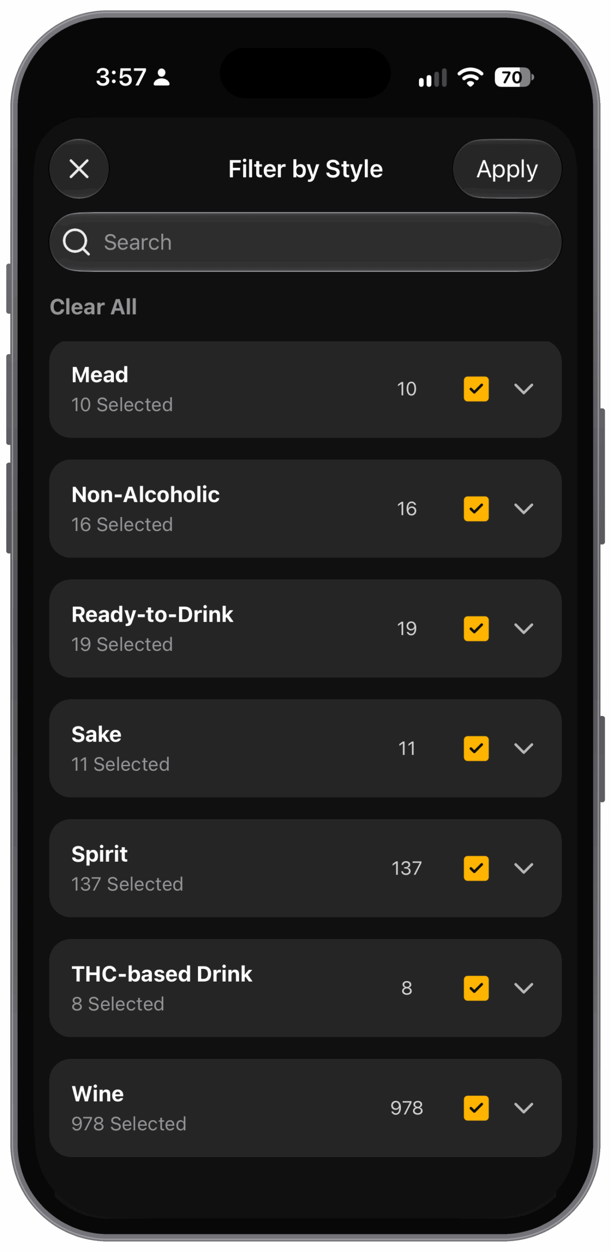 A screenshot of the drink filter in the Untappd app update