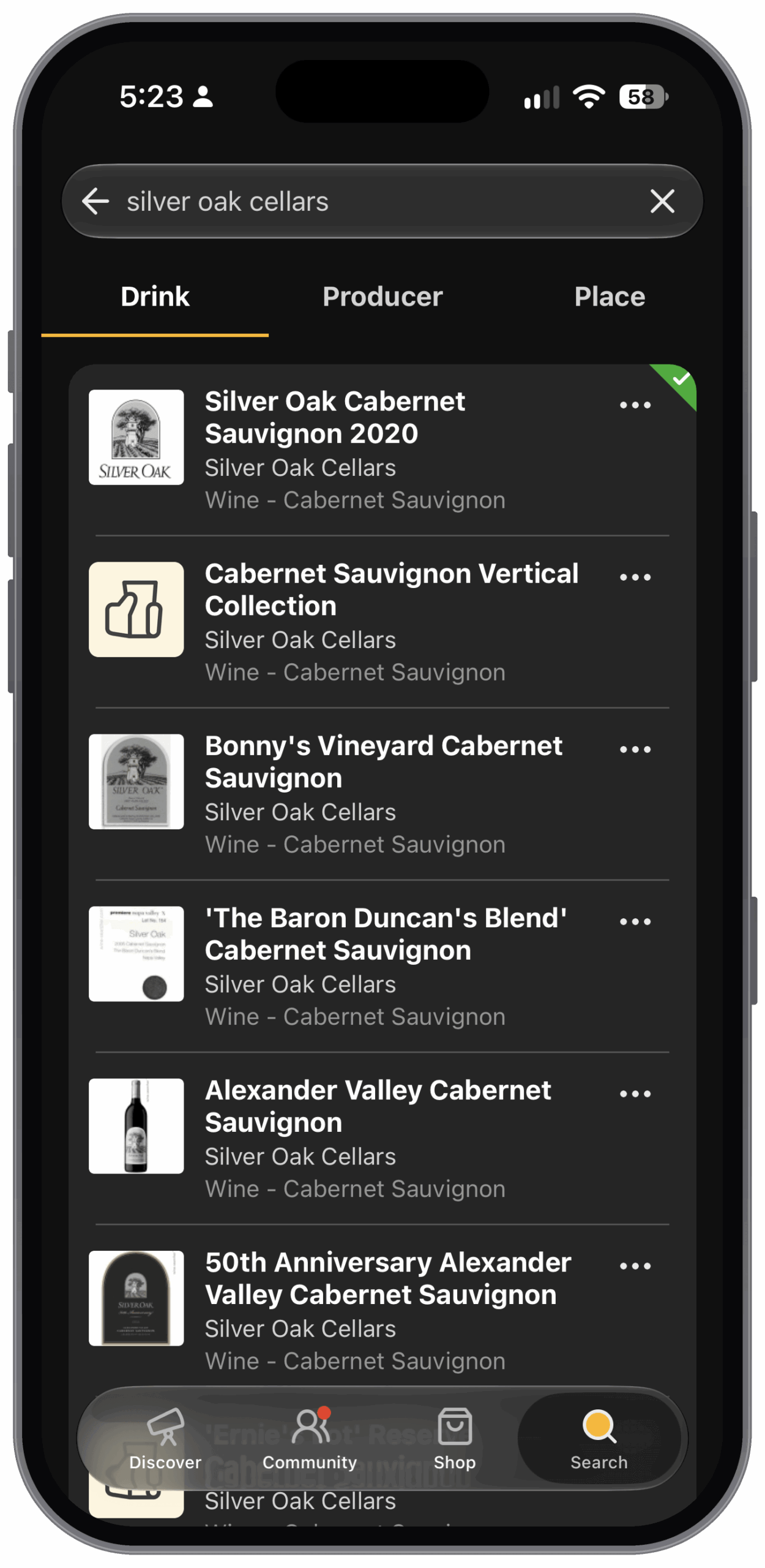 A screenshot of extended beverages in the Untappd app search results